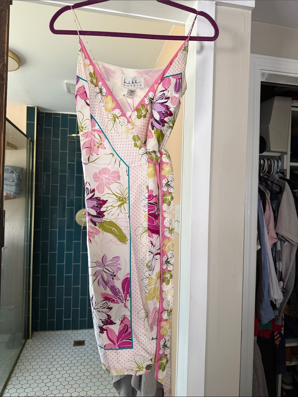 Nicole Miller Pink Floral V‑Neck wrap Slip Dress